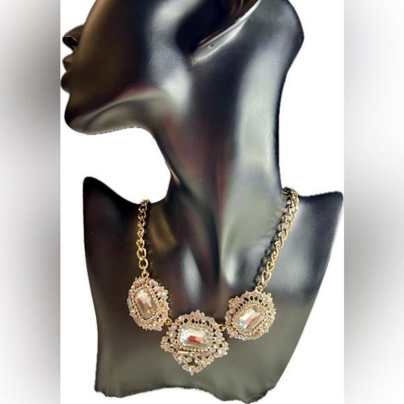 Large Gold Tone Statement Necklace with Crystals and Rhinestones - Picture 2 of 6